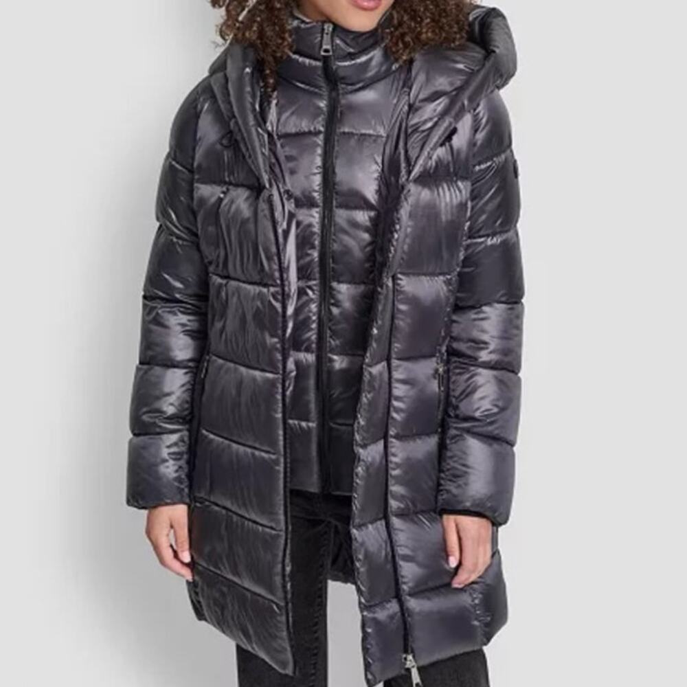 NWT DKNY Titan Black Bibbed Shawl-Collar Packable Shine Puffer Coat Size S